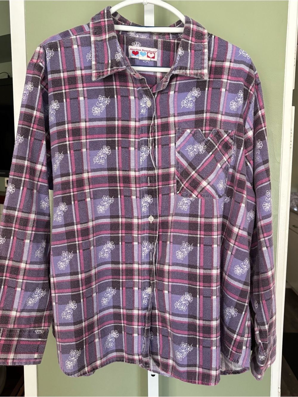 Purple Plaid Button-Up Shirt with Floral Accent. No size on this